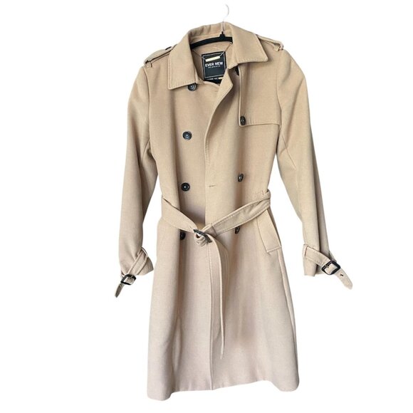 EVER NEW Tan Long Line Felt Wool Like Double Breast Belted Trench Coat Size 6 - Picture 1 of 10